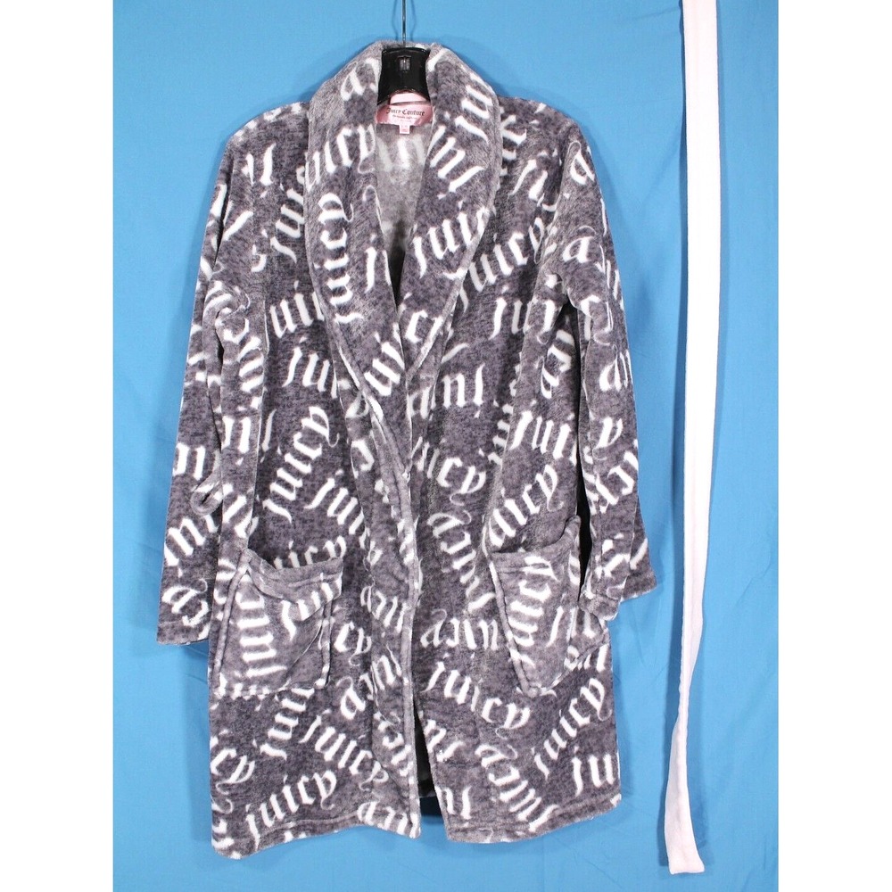 JUICY COUTURE Soft PLUSH FLEECE Gray LOGO PRINT Pockets/Tie Belt LOUNGE Robe S/M